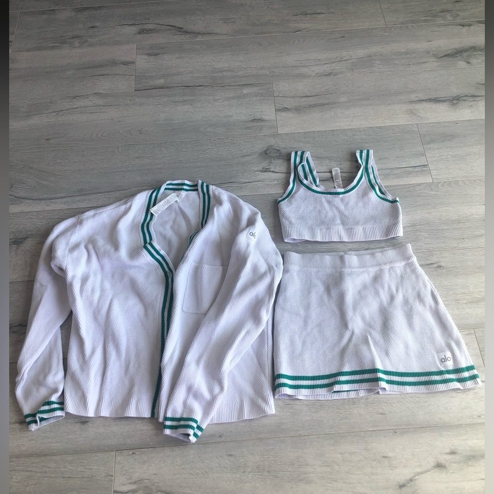 ALO Yoga Skirt, Bra, and Cardigan Set